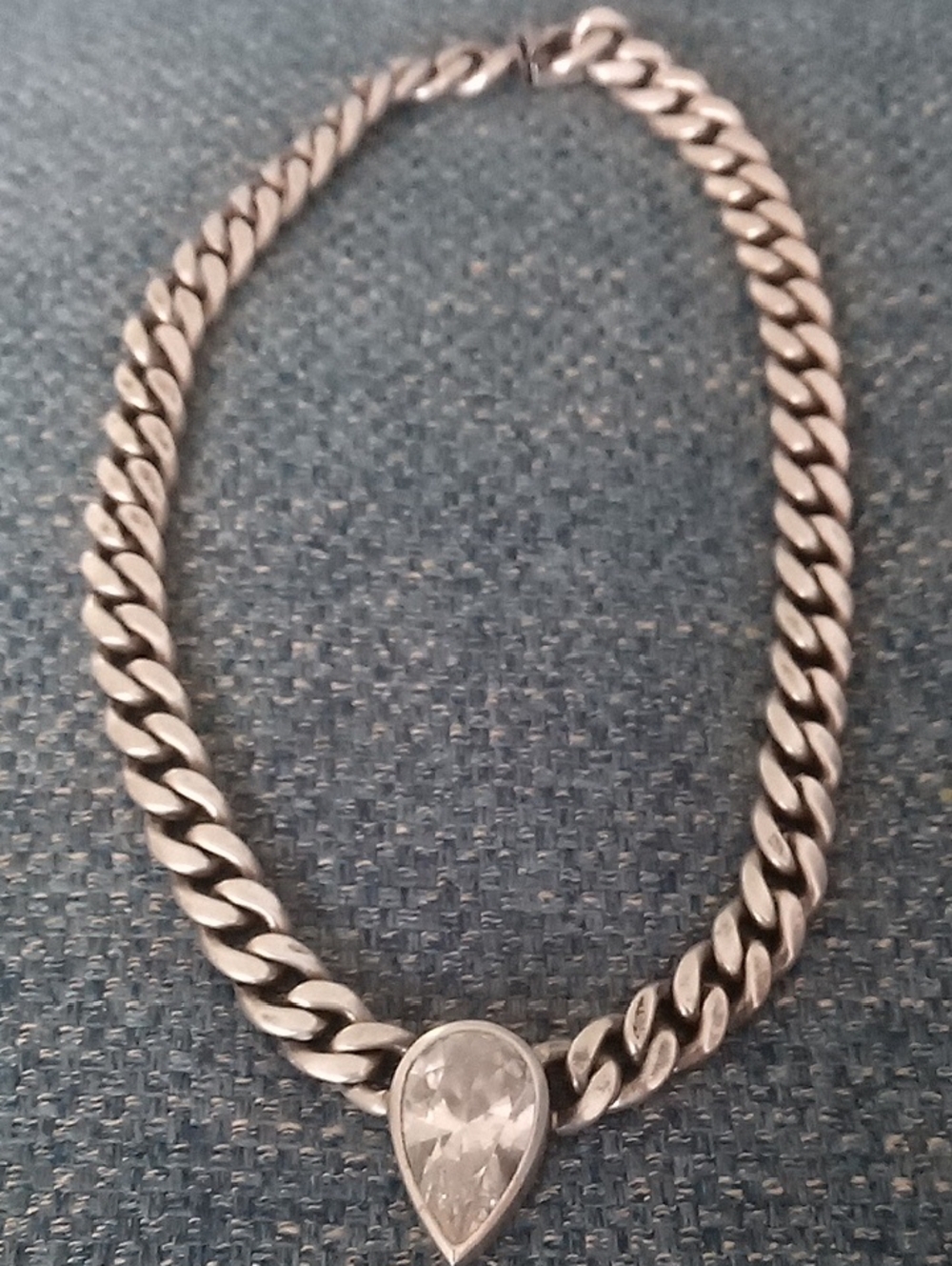 Vintage Silver Curb Chain Necklace with Clear Teardrop Crystal Grams 100.7